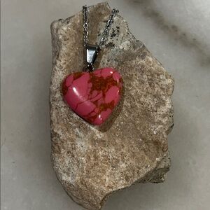 Polished Pink Howlite Stone Heart Pendant Necklace